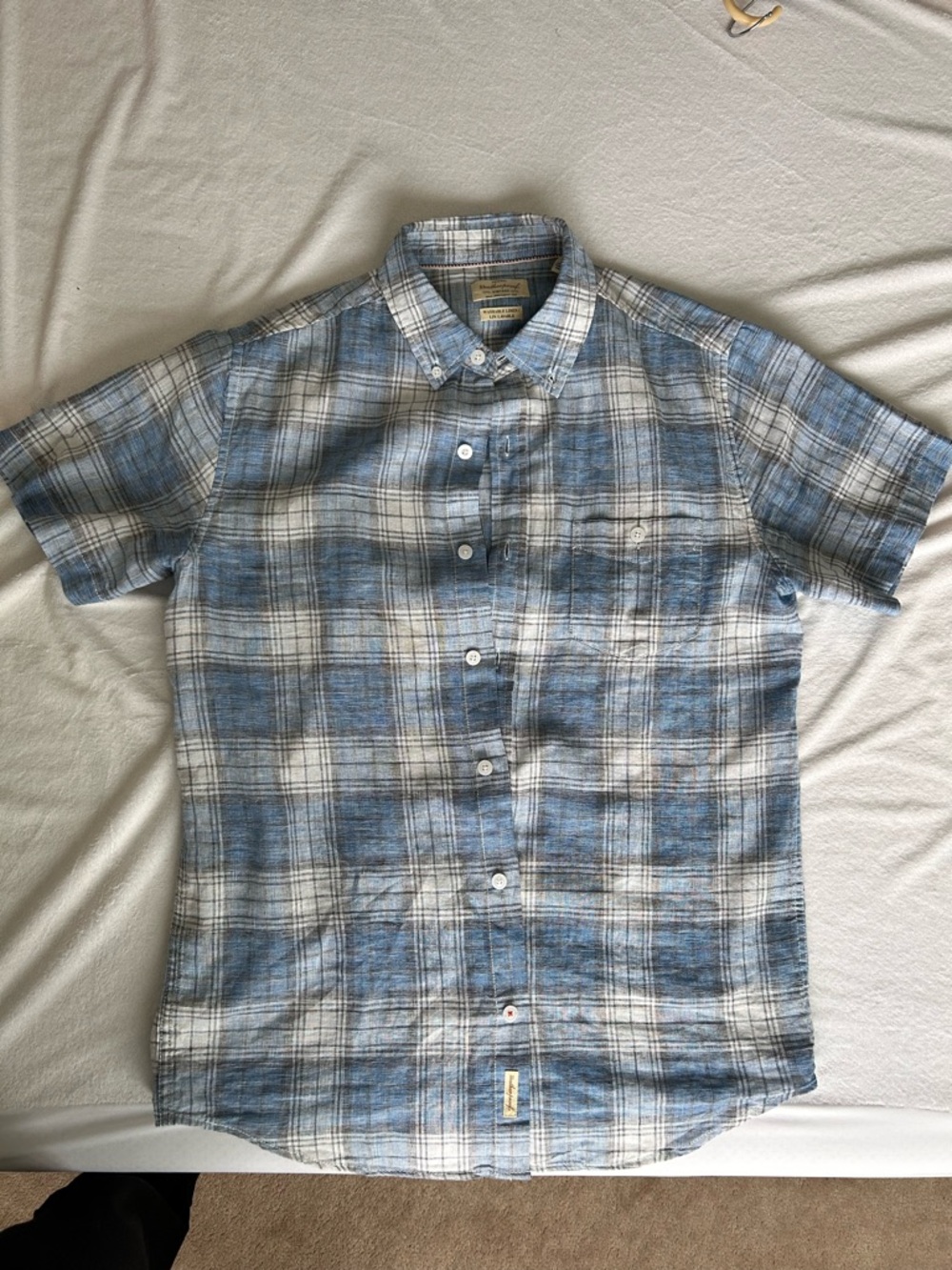 Blue and White Plaid Short Sleeve Button-Down Shirt